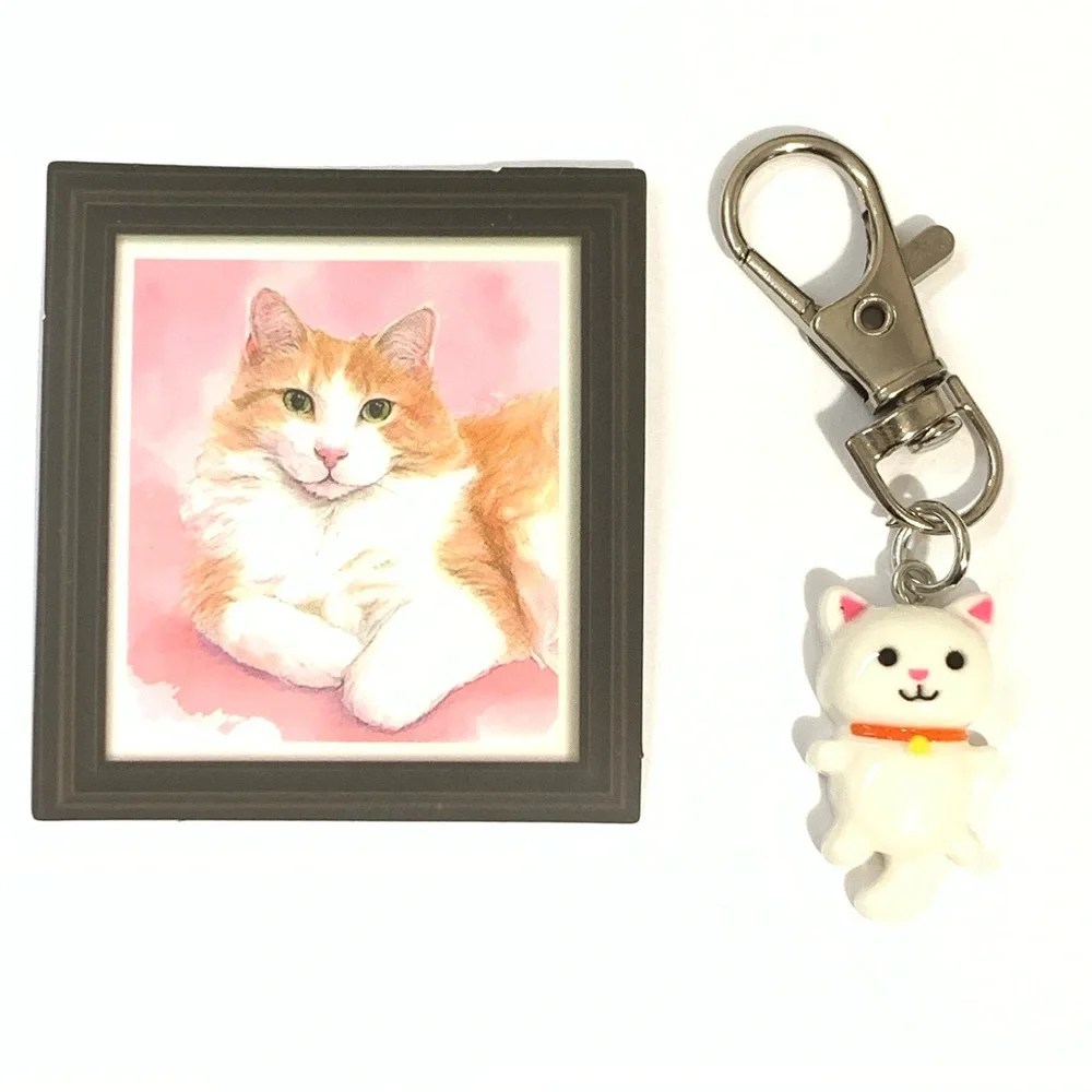 Cat Keychain and Sticker Set - White and Pink